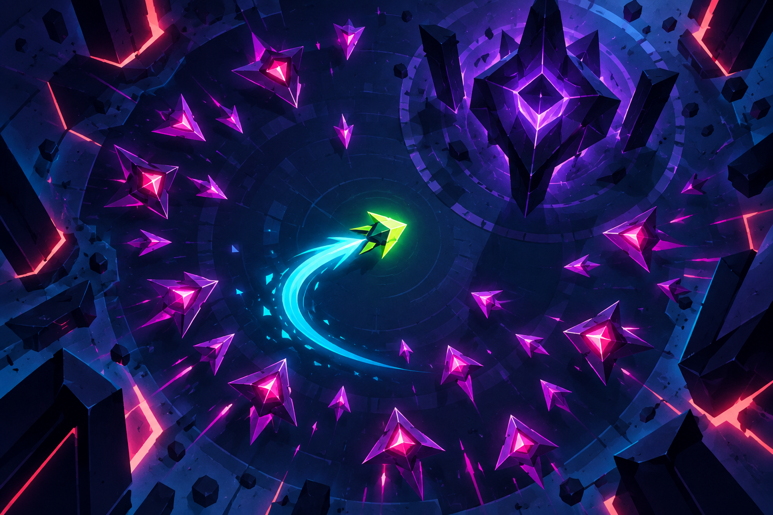 Lime core dashing between neon enemies in Rift Arena promotional artwork